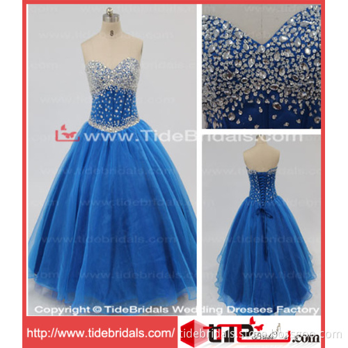 Blue Beaded Sweetheart Ball Gown Wedding Gown Organza Prom Dress (KMLY7)